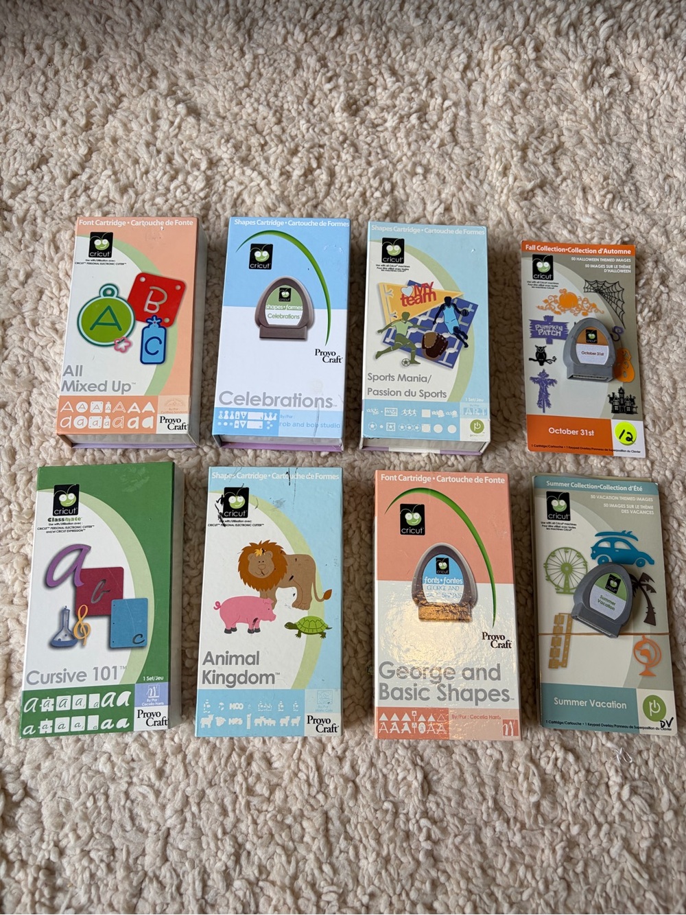 Cricut Cartridge Set in Green, Blue, Orange, Tan & Cream Boxes